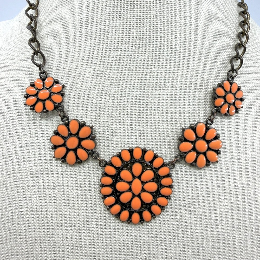 Western Style Statement Necklace Coral Orange Enamel Floral Links Boho Festival